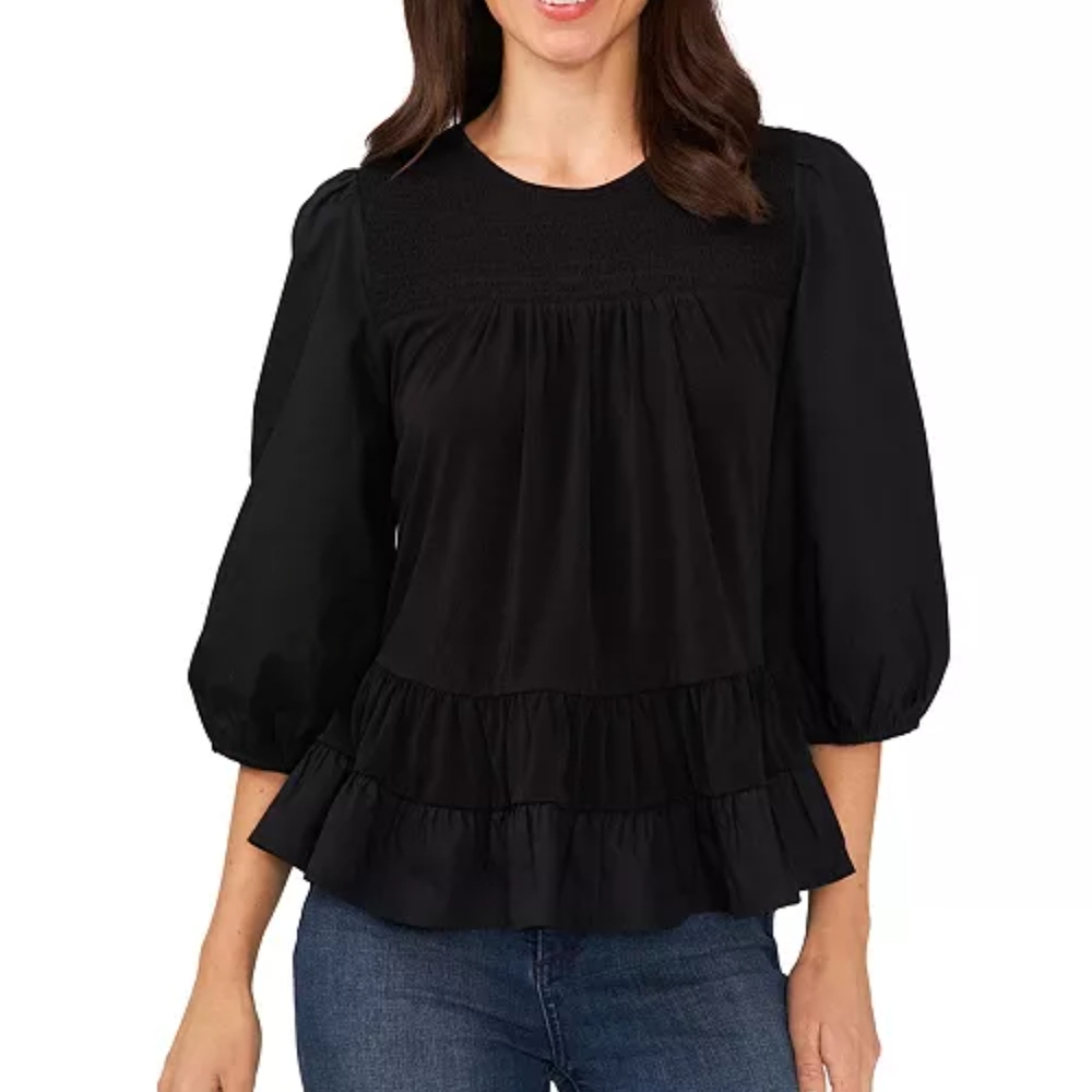 CeCe Women's 3/4-Sleeve Ruffled Hem Crew Neck Knit Blouse